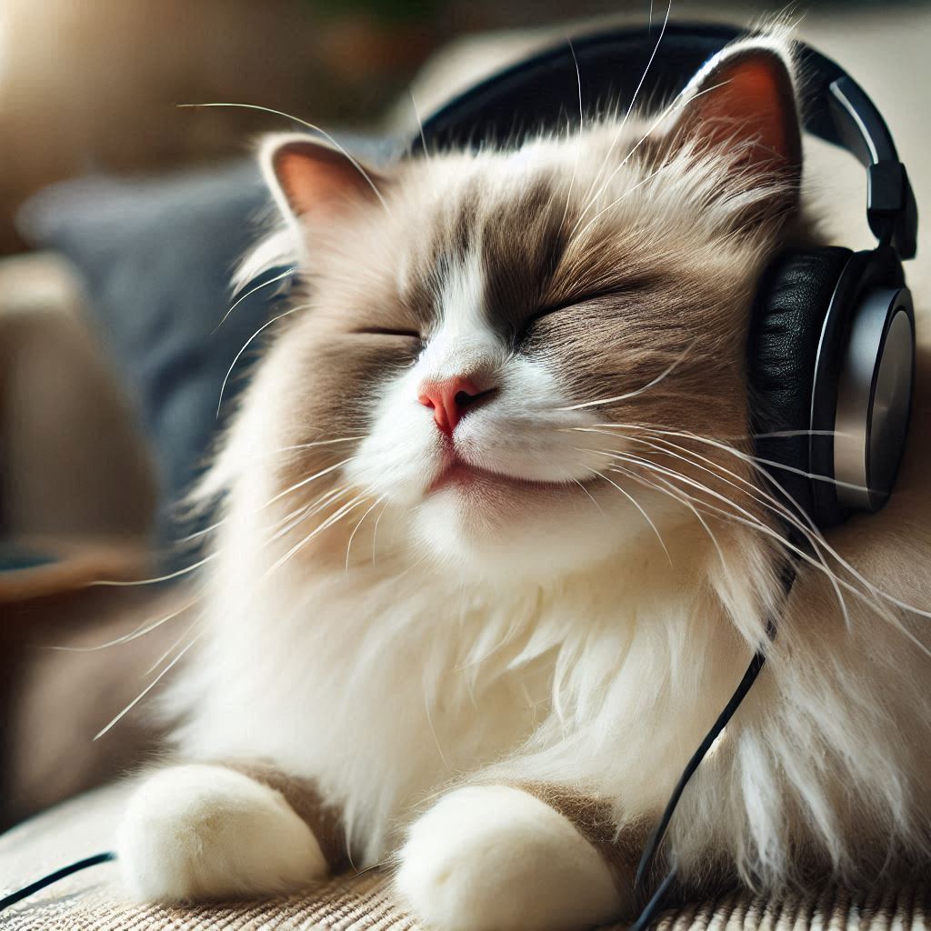 Cat listening to a podcast.